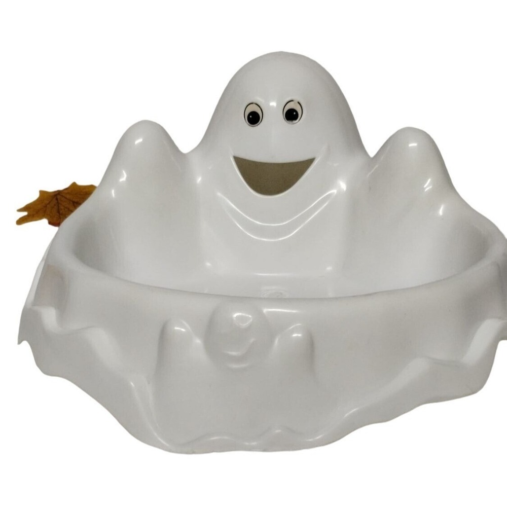 Vintage White Ghost Candy Bowl Halloween Smiling Ghost Dish 10"‎